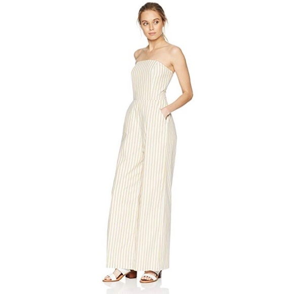 NEW Ali & Jay Yellow and White Stripe lace up back strapless Jumpsuit - Picture 1 of 2